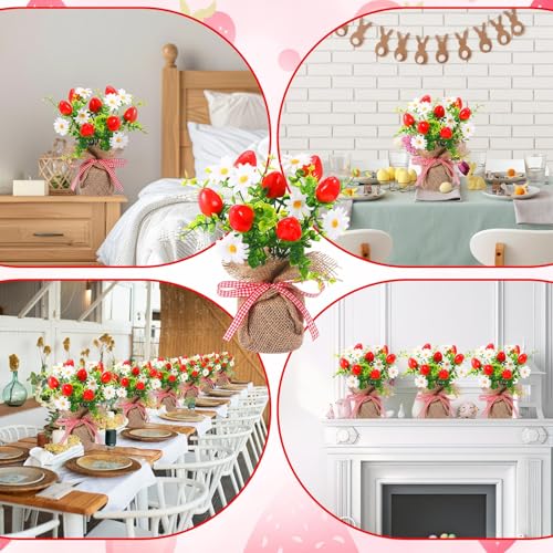 6 Pack Small Strawberry Tables Centerpieces Decoration, Summer Fake Artificial Potted Plastic Flower Plants Rustic Faux Plant in