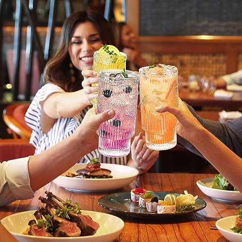 4 Pack Large 16oz Ribbed Glassware Set, Flower Design Stackable Glass Cups, Vintage Textured Clear Striped Drinking Glasses Set,