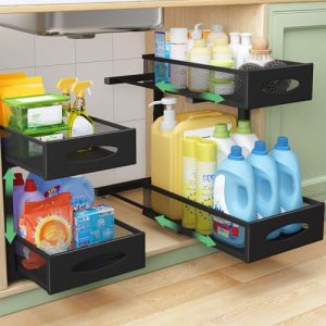 Under Sink Organizer, 2 Tier Pull out Cabinet Organizer Baskets with Mesh Sliding Drawers, Slide out Storage Shelf for Home,