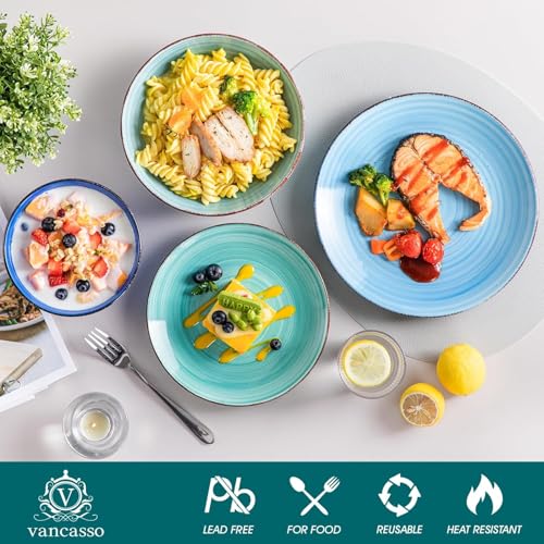 Bonita Dinnerware Set 24 Pieces Blue Stoneware Service for 6, Handpainted Spirals Pattern Stoneware Combination Set