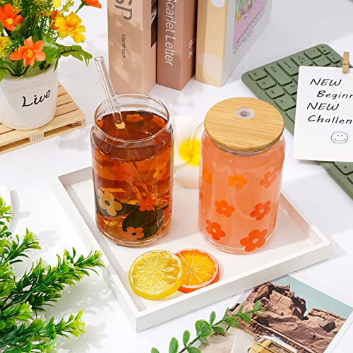 2Pcs Groovy Retro Hippie Flower Drinking Glasses with Bamboo Lids and Straw 16oz Yellow Orange Daisy Flower Ice Coffee Cup Beer