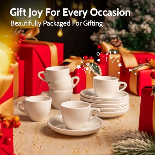 2 Ounce Espresso Cups with Saucers, Porcelain Espresso Cups Set of 6 - White