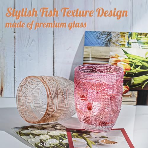 Hobnail Drinking Glasses Set of 6, 12 oz Vintage Fish Glassware Sets, Romantic Water Glasses, Textured Glass Cups, Embossed