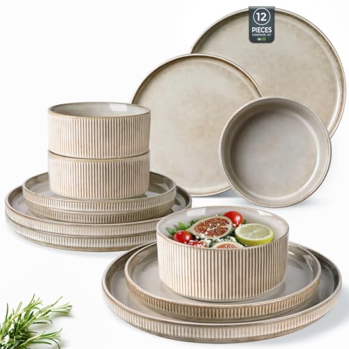 Stoneware Dinnerware Sets for 4,Round Reactive Glaze Ceramic Plates and Bowls Set,Highly Chip and Crack Resistant | Dishwasher &