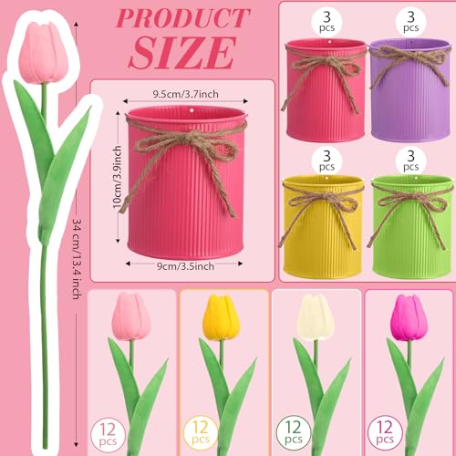 12 Pack Artificial Tulips Bulk with Metal Pots PU Faux Multicolor Tulip Flower in Vase Fake Floral Arrangement Bouquet for