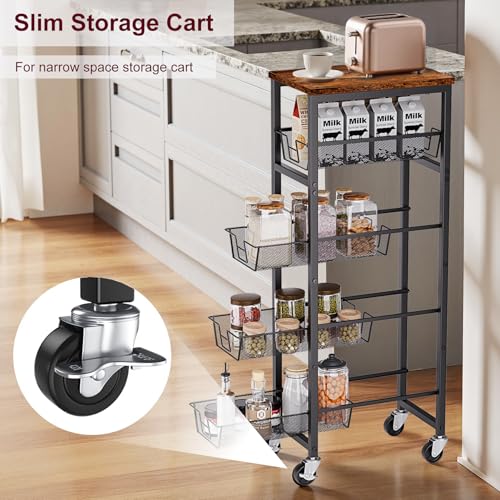 Slim Rolling Cart, 5-Tier Storage Cart, 9.1inch Narrow Kitchen Rolling Cart on Wheels for Small Space, Utility Cart Shelving