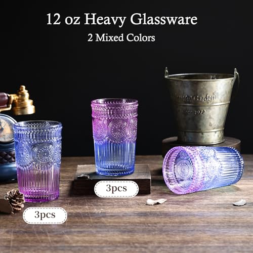 6pcs Vintage Drinking Glasses Set, 12 oz Glass Cups, Embossed Ribbed Glassware Drinking Glasses for Cocktail, Water, Juice,