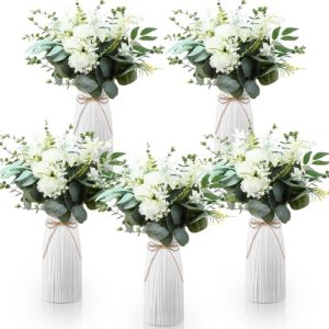 5 Sets Faux Flowers in Vase Fake Flowers with Vase Wedding Centerpiece for Table Faux Eucalyptus Leaves Floral Arrangements for