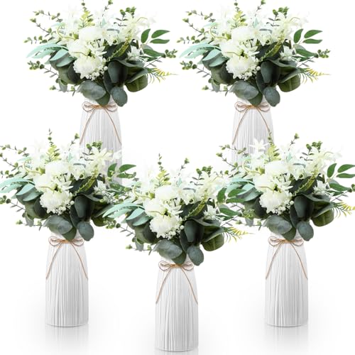 5 Sets Faux Flowers in Vase Fake Flowers with Vase Wedding Centerpiece for Table Faux Eucalyptus Leaves Floral Arrangements for