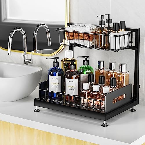 2 Pack Under Sink Organizers and Storage,Pull Out Cabinet Organizer,2-Tier Sliding Out Kitchen Basket Sink Shelf Cabinet