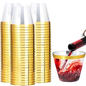 200 Pack Gold Plastic Cups, 9 Oz Elegant Clear Plastic Cups Gold Rimmed Disposable Wine Glasses Fancy Disposable Party Cups
