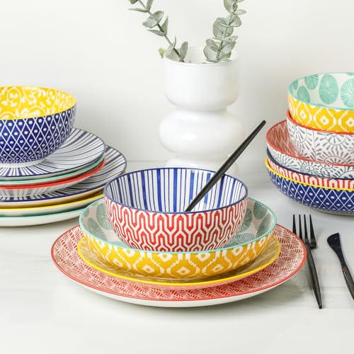 Ceramic Dinnerware Sets for 6, 24 Piece Plates and Bowls Sets, Highly Chip and Crack Resistant Dishes Set-Dishwasher & Microwave