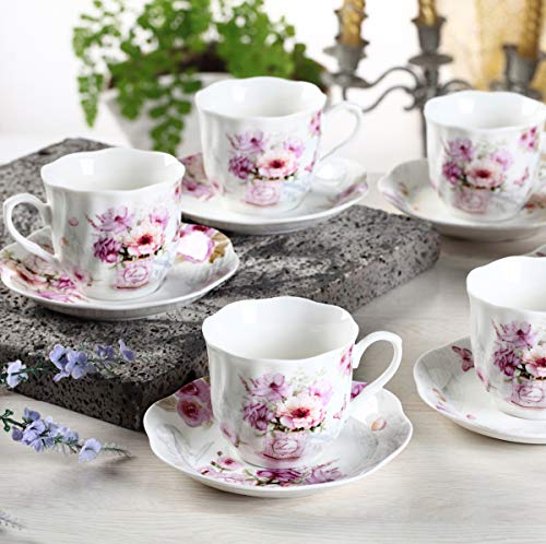 Elegant Tea Cups and Saucers Set of 6 – 7 oz Floral Porcelain Teacup Set for Women – Microwave & Dishwasher Safe – Ideal Gift
