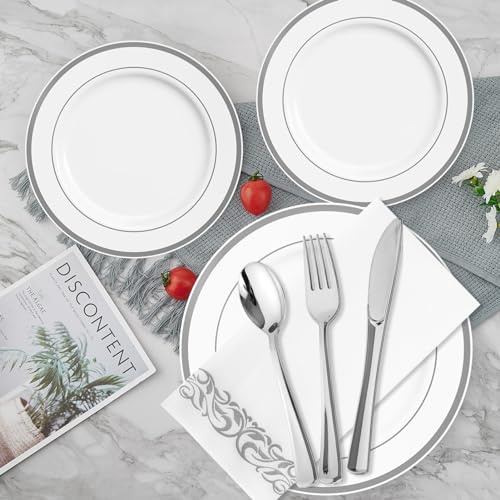 700 Count Silver Dinnerware Set-200 White and Plastic Plates-Set of 300 Plastic Silverware-100 Cups-100 Disposable Hand