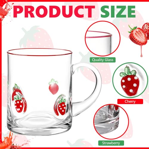 4 Pack Strawberry Glass Cups 14oz Juice Mug with Handle Clear Drinking Glasses Double Old Fashioned Handblown Cocktail Glassware