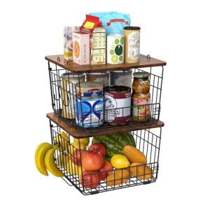 2 Pack Stackable Wire Basket with Wood Top, Pantry Organizer and Storage, Potato Basket Onion Storage for Kitchen Counter, Onion