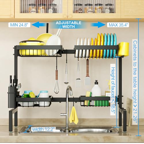 ［2-Tier 4 Baskets］Over The Sink Dish Drying Rack, 24.8"-35.4", Large Sink Rack for Kitchen, Extensible and Adjustable, Saving