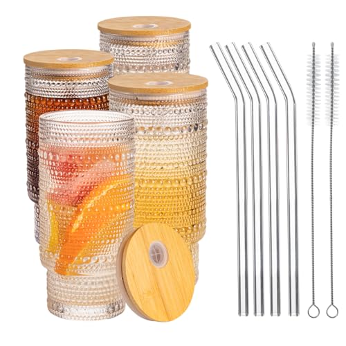 Drinking Glasses with Bamboo Lids and Glass Straw 4pcs Set,16oz Glass Tumbler Cups,Water Glasses,Iced Coffee Glasses,iced Tea
