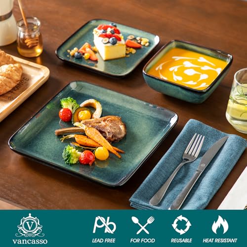 Stern Green Dinner Set Square Reactive Glaze Tableware 12 Pieces Kitchen Dinnerware Stoneware Crockery Set with Dinner Plate,