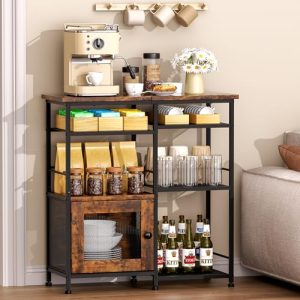 Coffee Bar Cabinet Station - Farmhouse Small Coffee Stand Station with Doors, Rustic Storage Organizer for Kitchen, Buffet