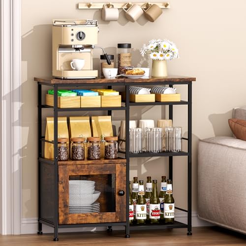 Coffee Bar Cabinet Station - Farmhouse Small Coffee Stand Station with Doors, Rustic Storage Organizer for Kitchen, Buffet