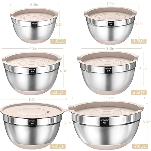 Mixing Bowls with Airtight Lids Set, 26PCS Stainless Steel Khaki Bowls with Grater Attachments, Non-Slip Bottoms & Kitchen