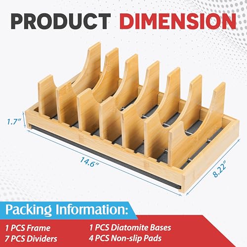 [Upgraded] Bamboo Pots and Pans Organizer under Cabinet, Bakeware and Cutting Board Organizers with Diatomaceous Earth Base & 7