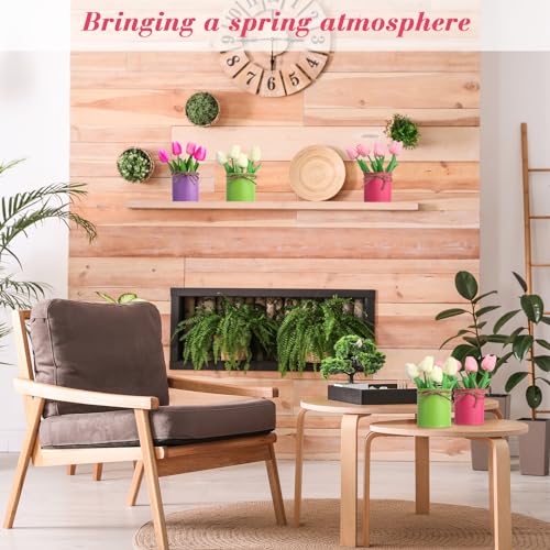 12 Pack Artificial Tulips Bulk with Metal Pots PU Faux Multicolor Tulip Flower in Vase Fake Floral Arrangement Bouquet for