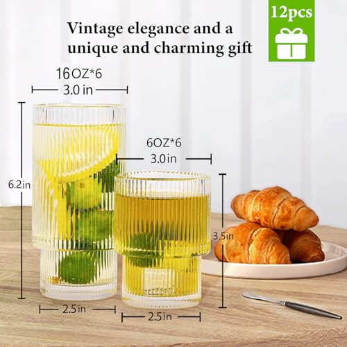 Ribbed Glasses Drinking Glassware - Set of 12 Vintage Cute Cocktail Cups - 6 Pcs Ripple Rluted Aesthetic Drinkware 16 oz & 6 Pcs