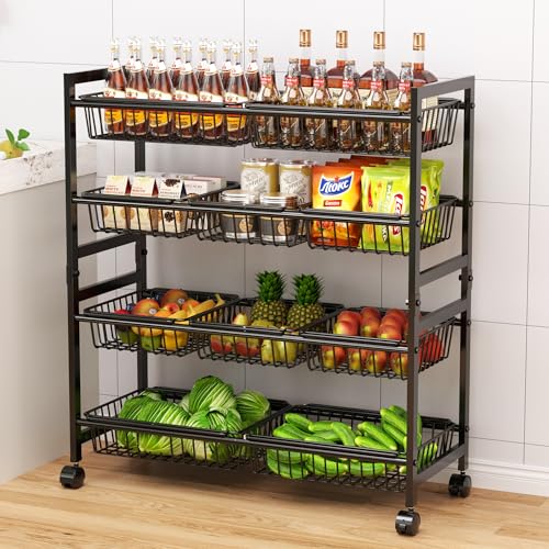 Cinati 4-Tier Kitchen Storage Cart, Adjustable Rolling Pantry Storage Cart with 10 Baskets & Handle, 29''L Metal Snack Cart with