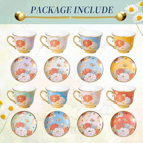 8 Set Tea Cups and Saucers, 8 OZ Floral Porcelain Cup and Saucers Set for Latte Cappuccino Espresso Mocha Afternoon Tea Birthday