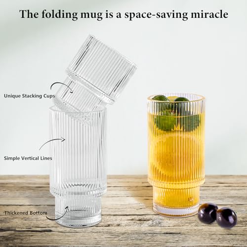 Ribbed Glasses Drinking Glassware - Set of 12 Vintage Cute Cocktail Cups - 6 Pcs Ripple Rluted Aesthetic Drinkware 16 oz & 6 Pcs