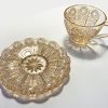 Vintage Embossed Sunflower Flower Design Set of Two Amber Pressed Glass Cups and Saucers Set Made of Retro Relief Lead-free