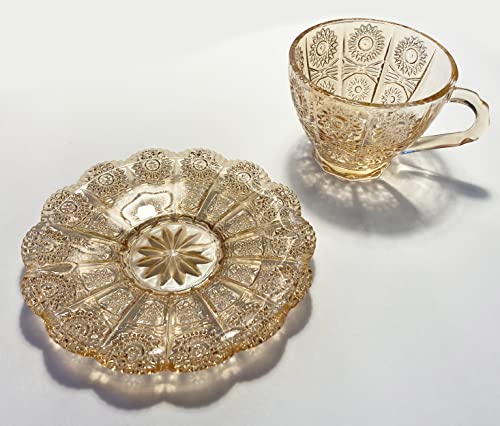 Vintage Embossed Sunflower Flower Design Set of Two Amber Pressed Glass Cups and Saucers Set Made of Retro Relief Lead-free
