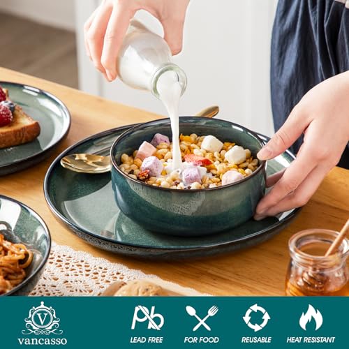 Starry Plates and Bowls Sets for 6, 24 Pieces Dinnerware Sets, Green Reactive Glaze Dishes Sets for Kitchen, Scratch Resistant