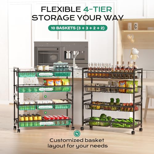 Cinati 4-Tier Kitchen Storage Cart, Adjustable Rolling Pantry Storage Cart with 10 Baskets & Handle, 29''L Metal Snack Cart with