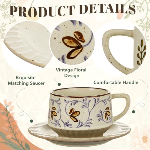 Set of 2 Vintage Coffee Tea Cups and Saucers Set 10oz Floral Porcelain Cappuccino Mug Latte Cups for Wedding Birthday Coffee