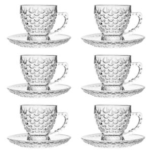 Glass Tea Cups and Saucers Set of 6 - Fish Scale Coffee Mugs - Teacups Set for Espresso Cappuccino Latte Tea - Dishwasher