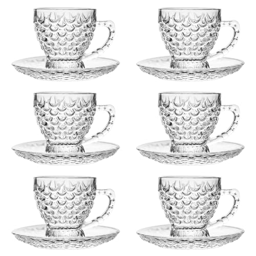 Glass Tea Cups and Saucers Set of 6 - Fish Scale Coffee Mugs - Teacups Set for Espresso Cappuccino Latte Tea - Dishwasher