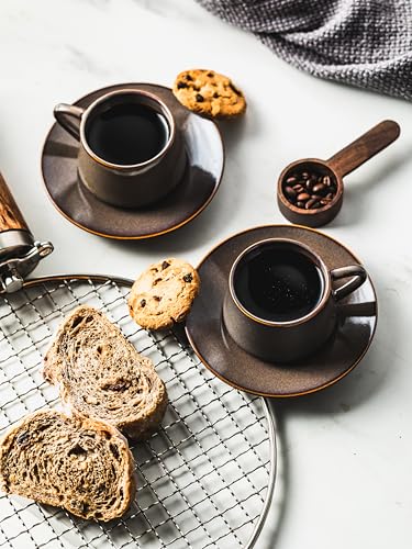 Espresso Cups 4 Oz, Porcelain Coffee Cups Set of 6 Espresso Cup with Saucers, Meatal Stand, and Stir Spoons, Brown Expresso