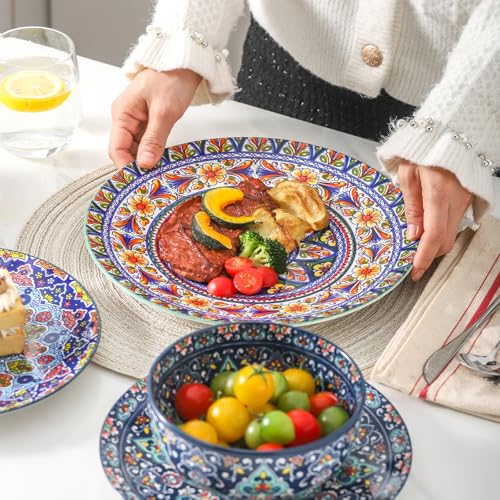 18 Pieces Kitchen Dinnerware Sets Service for 6, Bohemian Style Plates and Bowls Set, Ceramic Vintage Tableware Dishes Set,