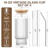 Iced Coffee Cups with Lids 4 Pcs - 16 OZ Glass Cups with Lids and Straws, Reusable Ice Coffee Tumbler, Clear Ribbed Drinking