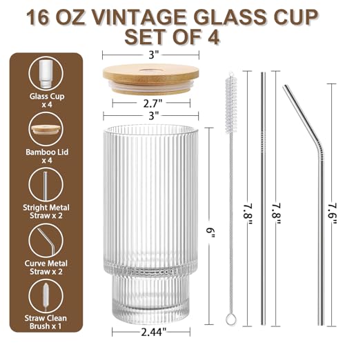Iced Coffee Cups with Lids 4 Pcs - 16 OZ Glass Cups with Lids and Straws, Reusable Ice Coffee Tumbler, Clear Ribbed Drinking