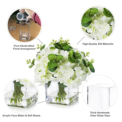 Silk Hydrangea Artificial Flowers with Vase, Mixed Fake White Hydrangea Flowers and Greenery in Faux Water Vase for Dining Table
