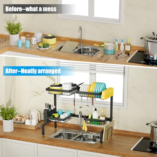 ［2-Tier 4 Baskets］Over The Sink Dish Drying Rack, 24.8"-35.4", Large Sink Rack for Kitchen, Extensible and Adjustable, Saving