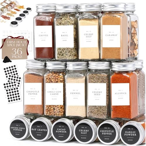 Glass Spice Jars with Labels with Metal Lids and Shakers Farmhouse 36 Pack Set, 4oz Small Clear Empty Spice Bottles Seasoning