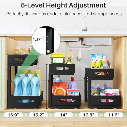 Under Sink Organizer, 2 Tier Pull out Cabinet Organizer Baskets with Mesh Sliding Drawers, Slide out Storage Shelf for Home,