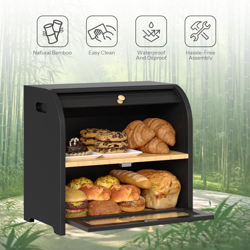 Bread Box, Bamboo Bread Box for Kitchen Countertop, 2 Tier Roll-Top Bread Bin, Food Storage Box, Large Capacity Keeper, Wooden