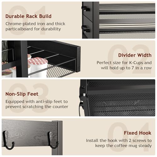 K Cup Holder Drawer - K Cup Storage Organizer, Coffee Pod Drawer with Hooks, Durable Iron-Wood Design, Space-Saving Coffee