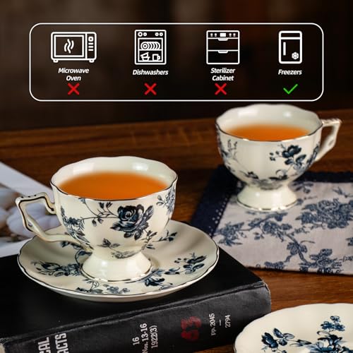 Tea Cups and Saucers Set of 2, Porcelain Coffee Cups, 6.8-Ounce Stackable Espresso Mugs, Ceramic Demitasse for Coffee, Latte,